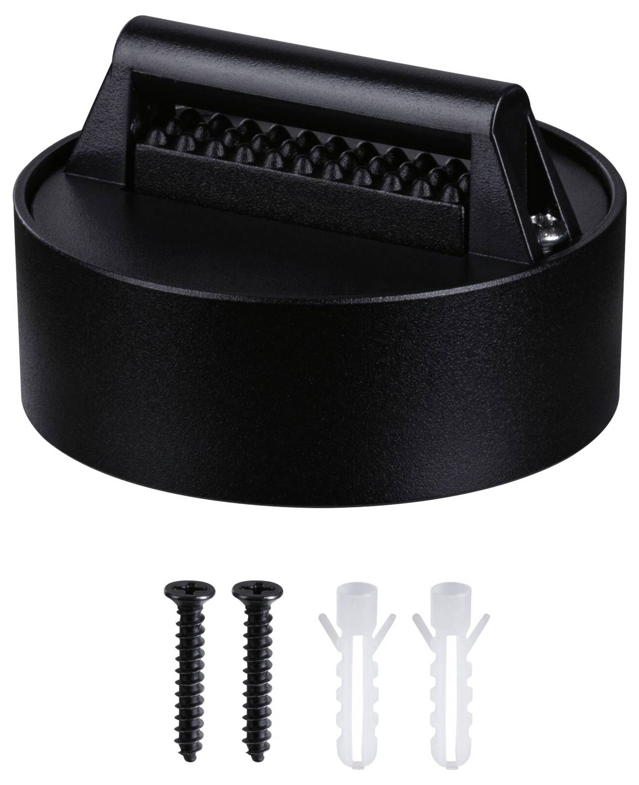 Arrêt de porte en métal noir avec poignée, présenté avec deux vis et deux chevilles pour la fixation murale.