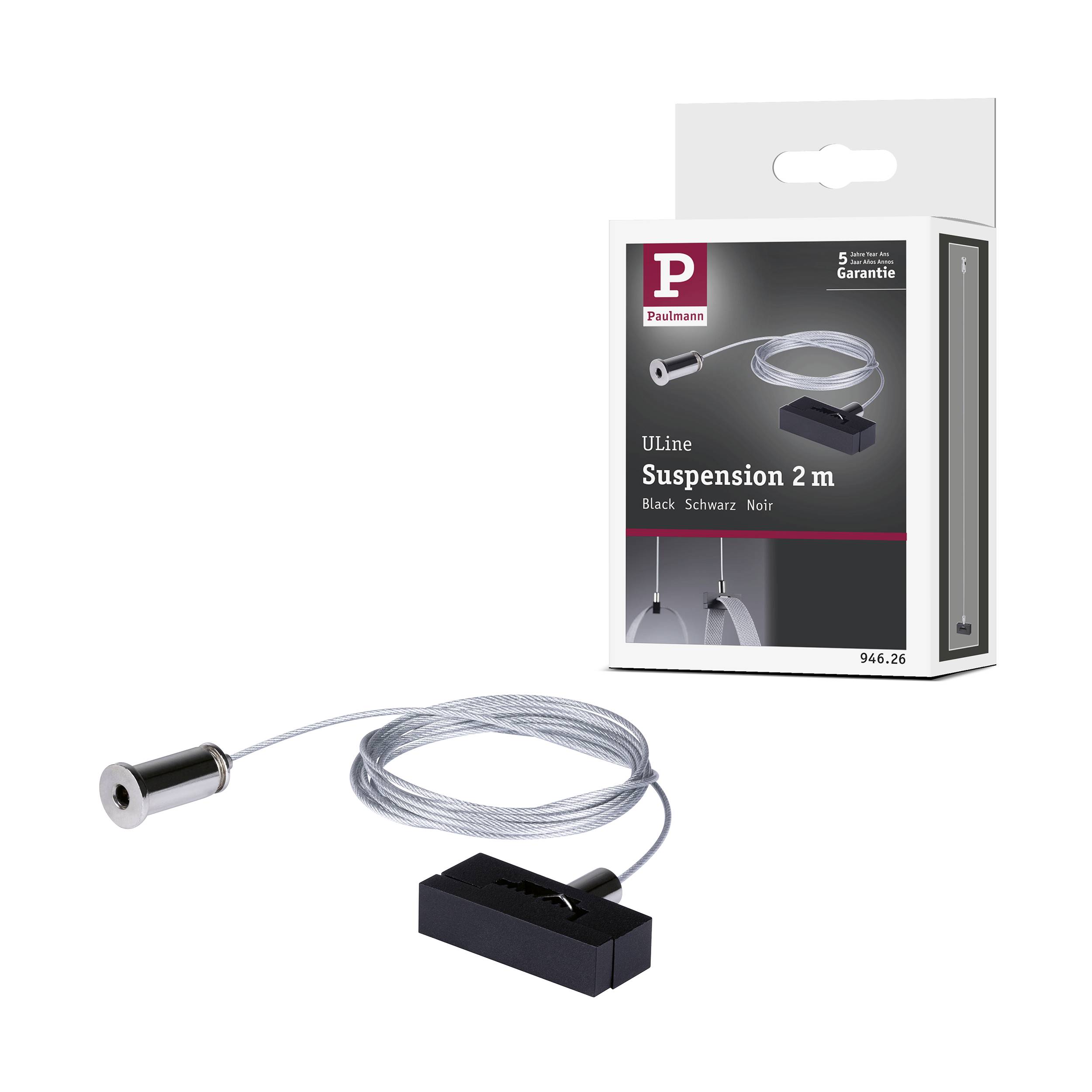 Sur l'image, on peut voir un ensemble de suspension de câble Paulmann ULine de 2 m, de couleur noire, avec son emballage et un système de câbles.
