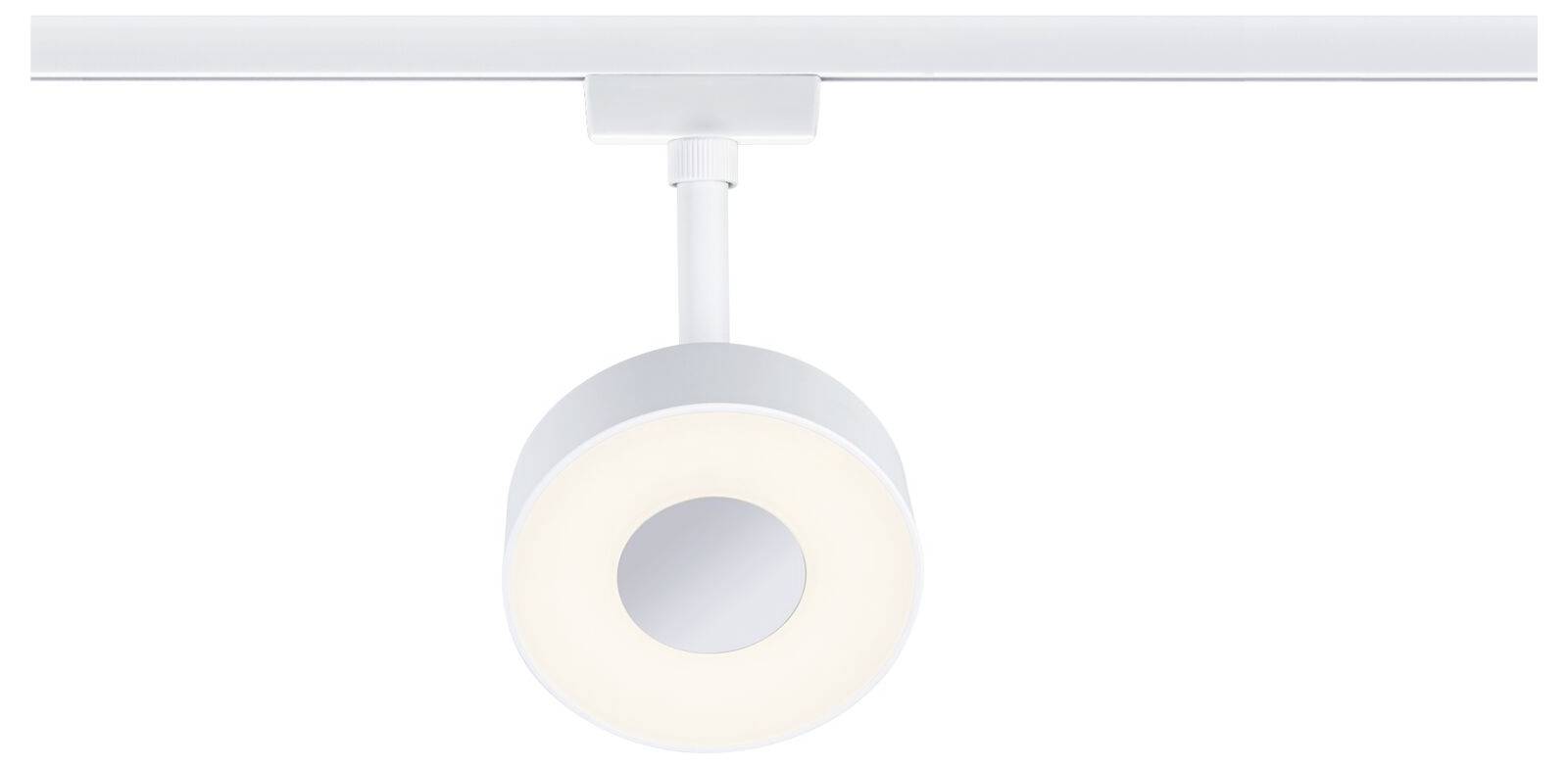 Un luminaire de plafond moderne et rond avec un boîtier blanc, monté sur un rail utilisé pour l'éclairage intérieur.