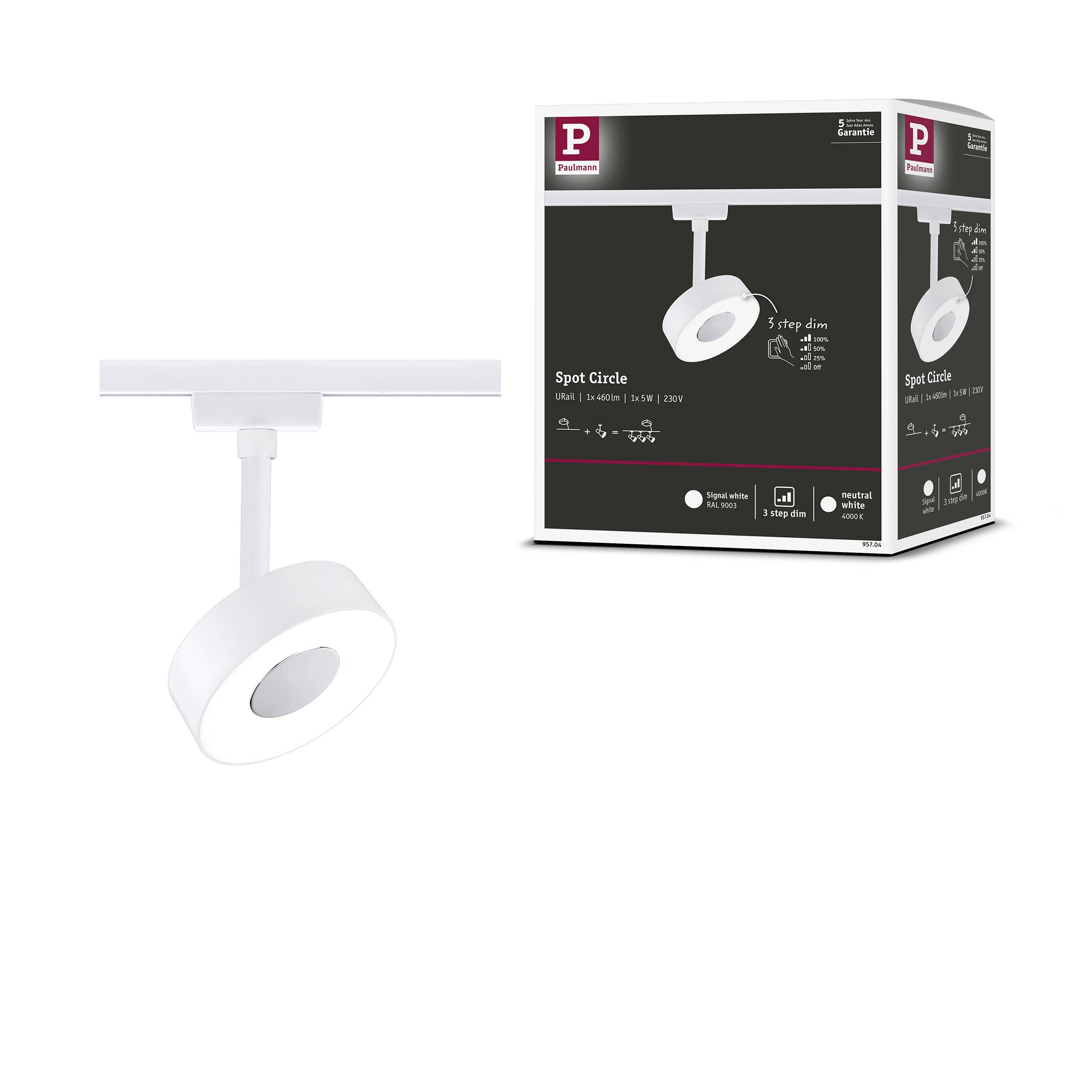 Une lampe LED blanche ronde avec son emballage. L'emballage présente le produit et comprend des spécifications telles que la consommation d'énergie et la durée de vie. Support de fixation au plafond visible.