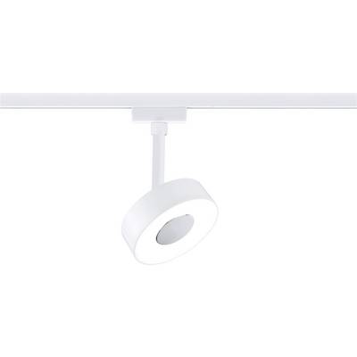 Un spot de plafond à LED blanc, monté sur rail, avec un boîtier rond et une tête orientable pour un éclairage ciblé.
