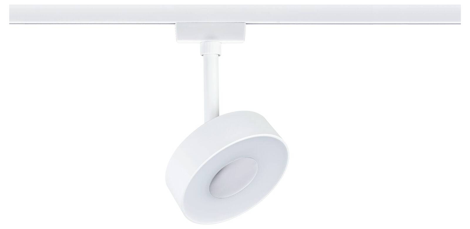 Un spot circulaire blanc monté sur rail, émettant une lumière dirigée pour un éclairage ciblé.