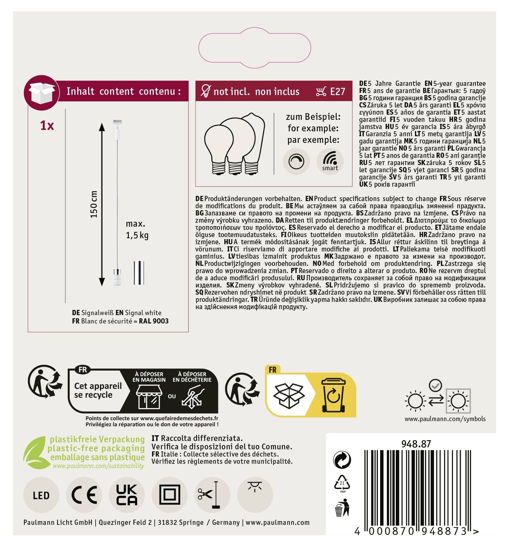Emballage pour une lampe LED. Contient des informations sur les détails du produit, la garantie (5 ans), les dimensions (150 cm) et le poids (1,5 kg).