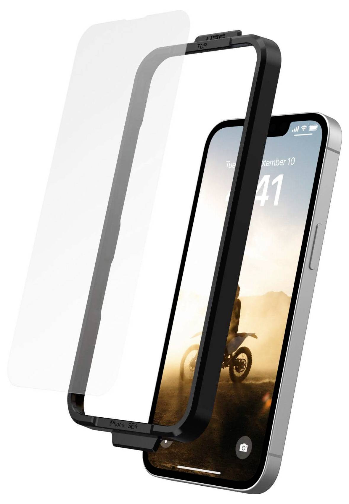 Étui et verre de protection pour smartphone. L'image montre l'avant d'un téléphone portable avec un verre de protection installé et un cadre noir.