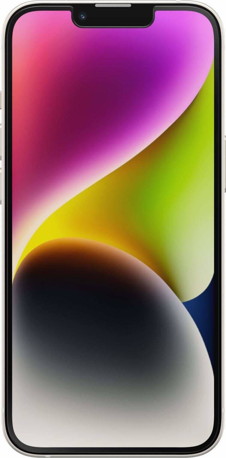 Smartphone avec un écran de fond lumineux et abstrait aux couleurs variées. Le fond clair présente un mélange de rose, de jaune et de vert.