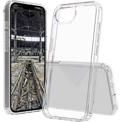 Étui de téléphone transparent à côté d'un smartphone. L'écran affiche une friche industrielle abandonnée avec des graffitis et un sol en ruines.