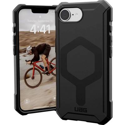 Un smartphone avec une coque noire robuste. Sur l'écran, on peut voir un fond d'écran représentant un cycliste dans un paysage désertique.