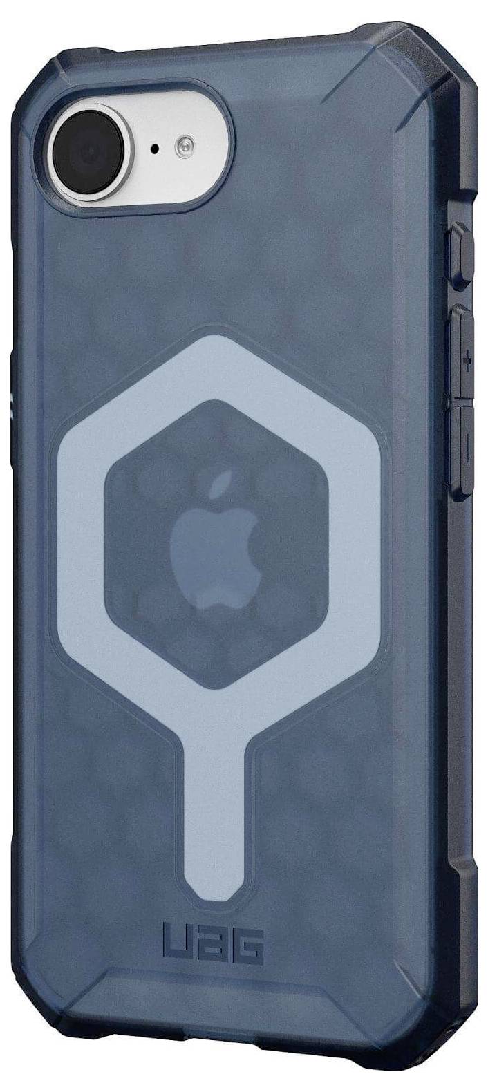 Étui iPhone bleu robuste avec logo Apple gravé et design distinctif UAG, offrant une protection supplémentaire.