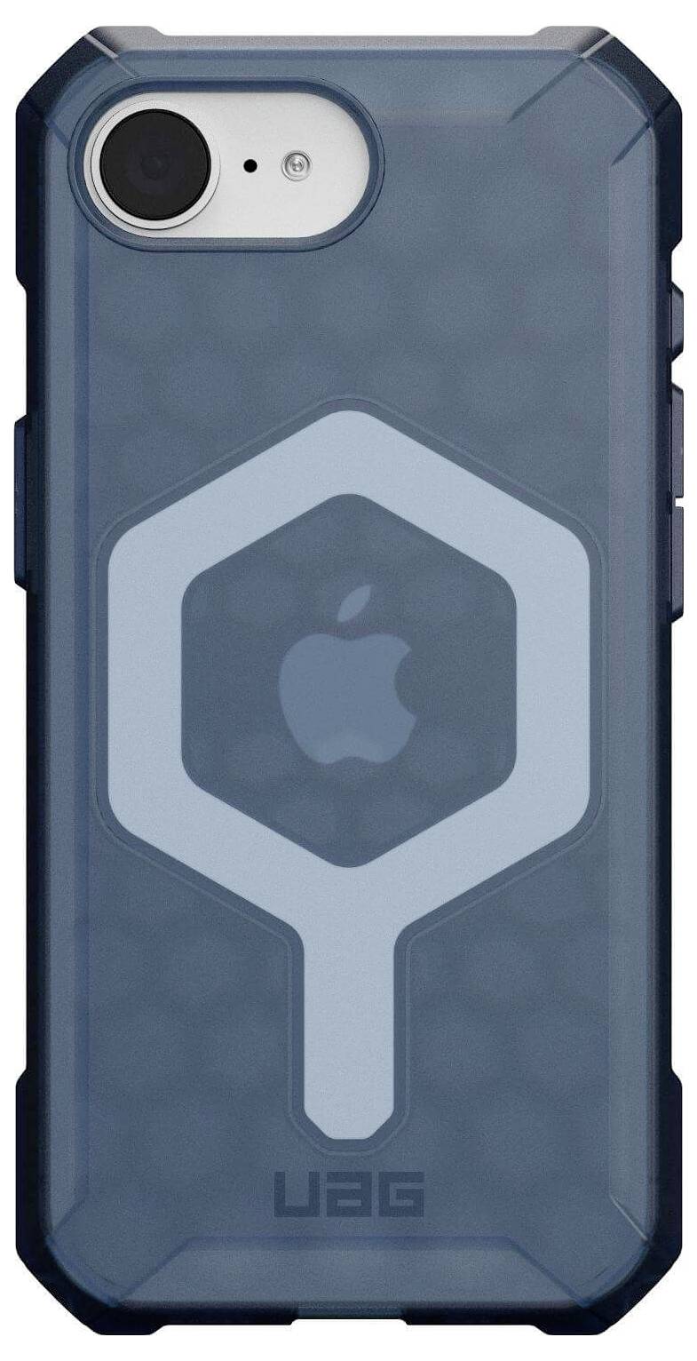 Un étui de téléphone gris-bleu avec des coins renforcés et un grand design hexagonal stylisé au dos.