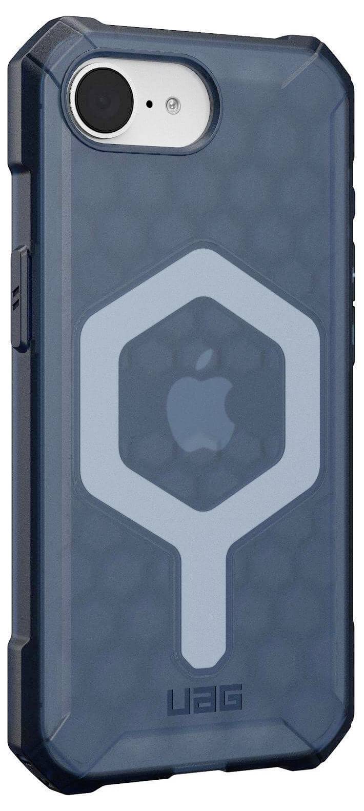 Coque de smartphone en matériau robuste, bleue avec un motif géométrique et un espace prévu pour l'objectif de l'appareil photo. Logo de la marque en bas.