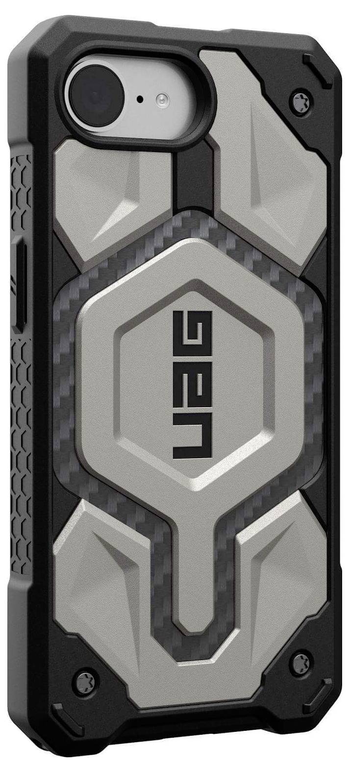 Une coque de téléphone robuste, grise avec un cadre noir et un design géométrique, optimisée pour la protection et le style.