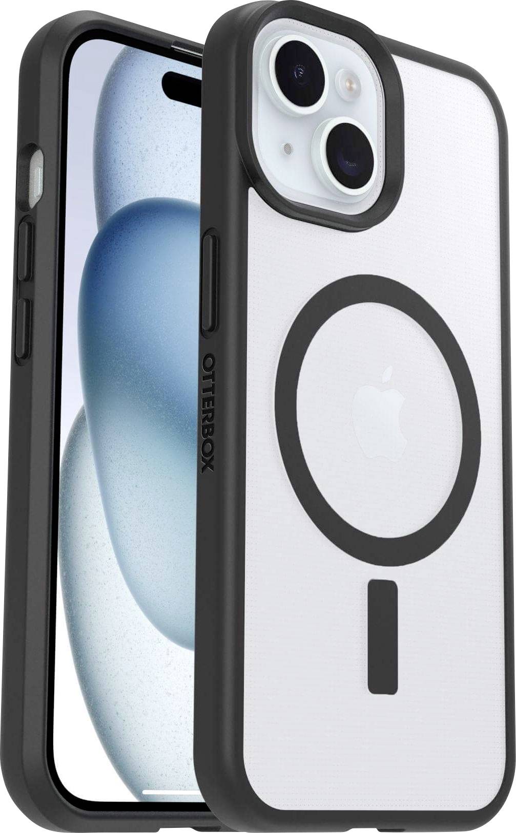 Étui de protection pour smartphone avec dos transparent, bordure noire et anneau MagSafe circulaire, compatible avec iPhone.