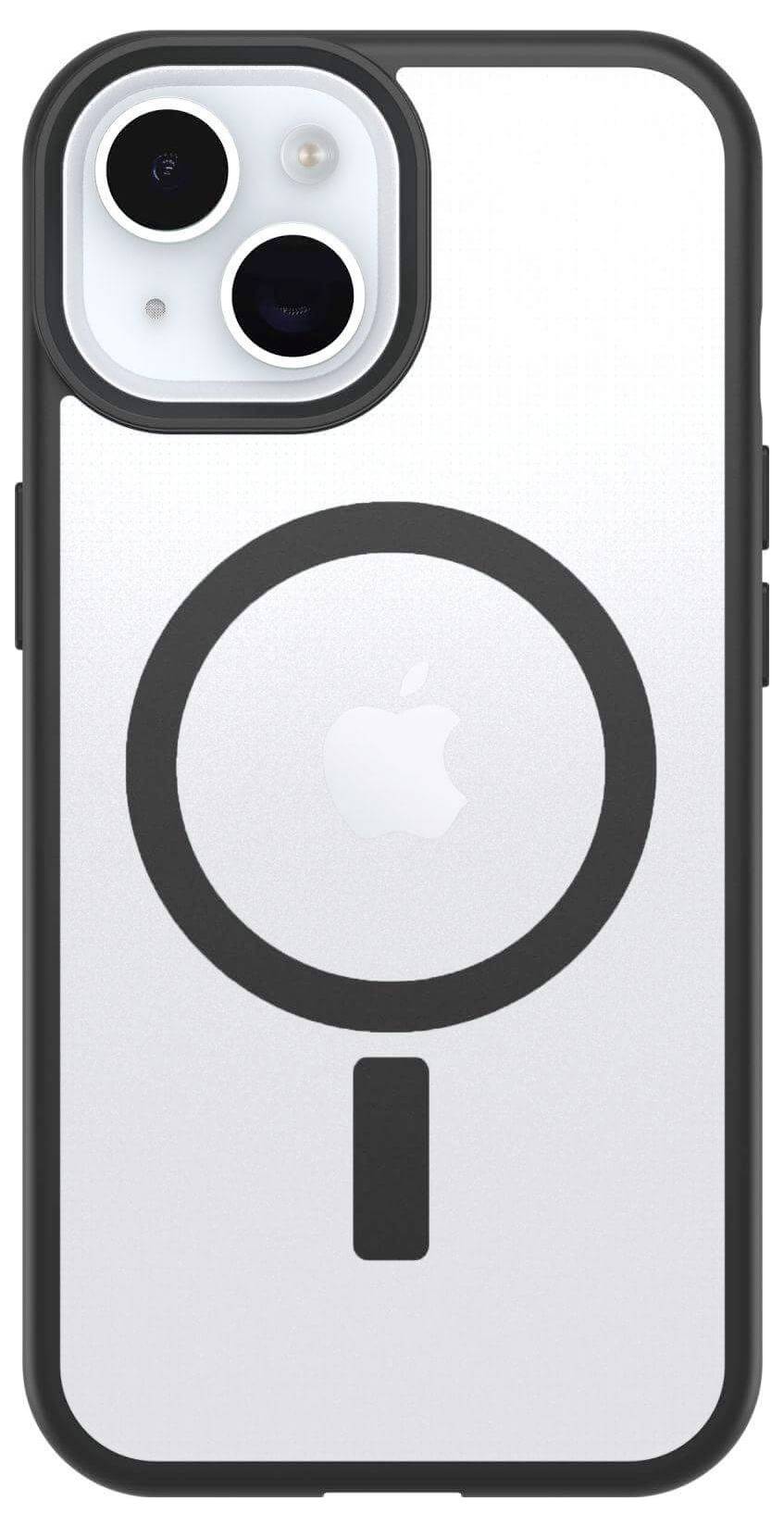 Étui de téléphone transparent avec anneau magnétique noir et logo Apple, adapté à un smartphone avec deux caméras.