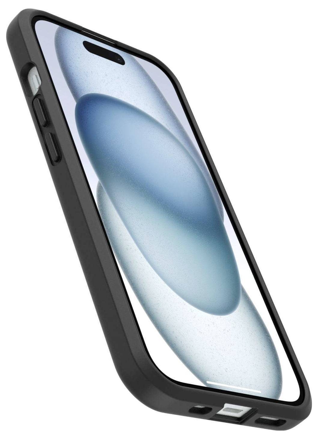 Smartphone dans un étui de protection noir, affichant un motif abstrait bleu sur l'écran, vue de côté.