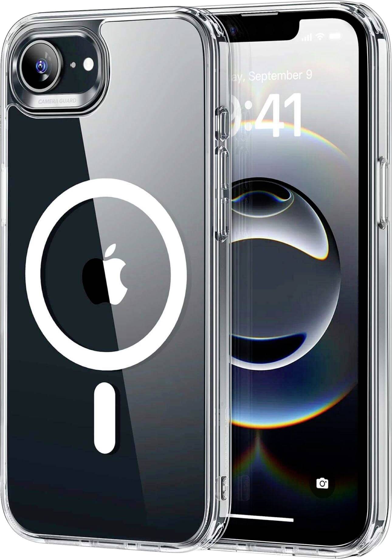 Un smartphone avec une coque transparente révélant le logo Apple et un motif circulaire. L'écran affiche l'heure 9:41.