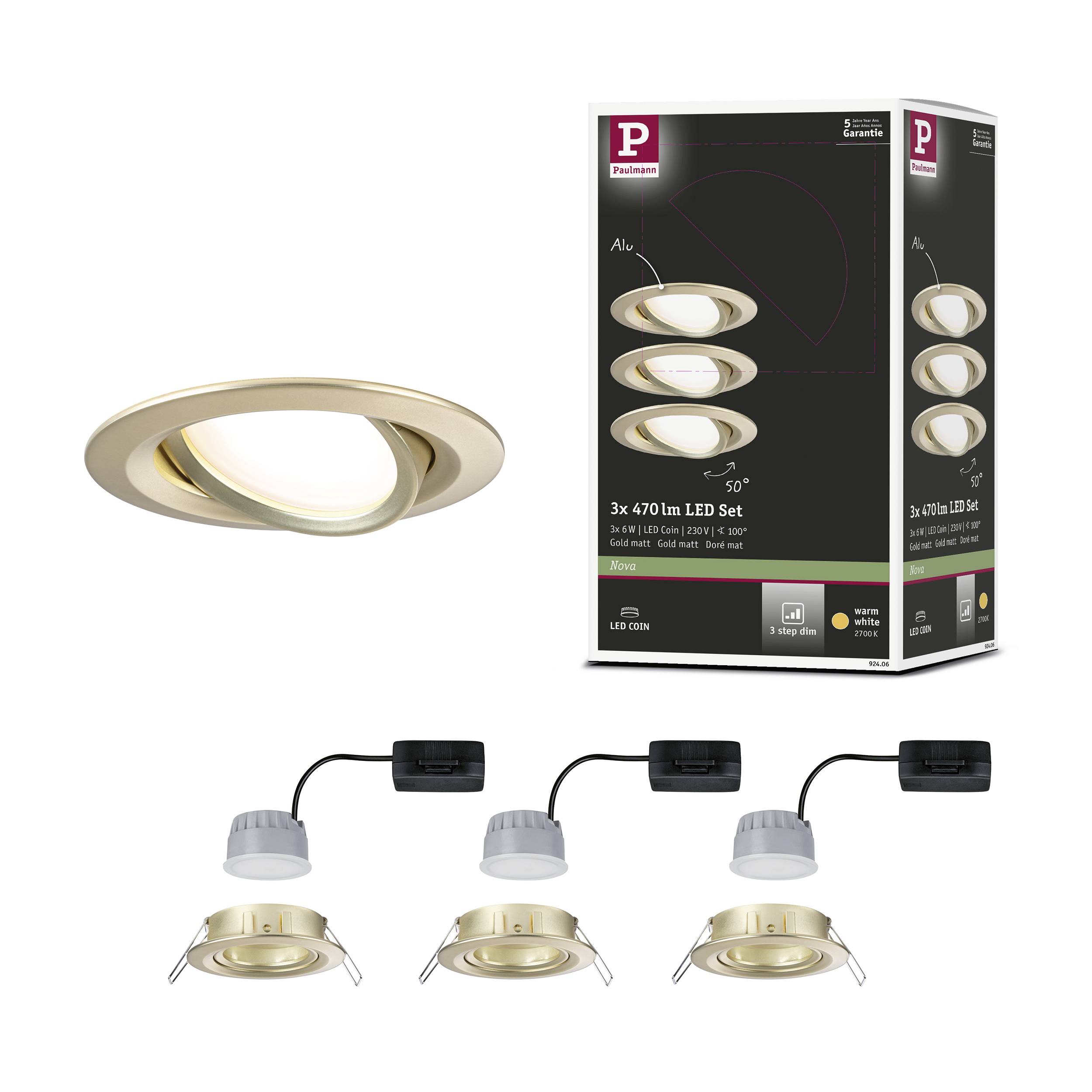 'Lot de 3 spots encastrables LED, orientables, 7W, 470 lumens, blanc chaud. Boîte de raccordement incluse et installation possible sans outils.'