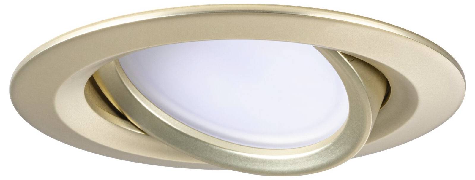 Un spot encastrable rond et orientable de couleur dorée. Le projecteur dispose d'un couvercle blanc et est intégré dans un cadre.