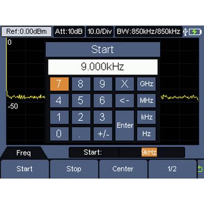 Un écran d'oscilloscope affichant une interface de configuration de fréquence avec un pavé numérique. La fréquence est réglée sur « 9,000 kHz ».