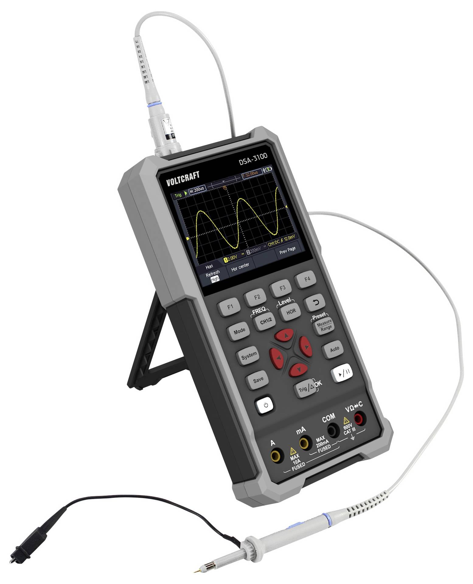 Un oscilloscope numérique portable affichant une forme d'onde sur son écran, entouré de divers boutons de commande et de sondes connectées.