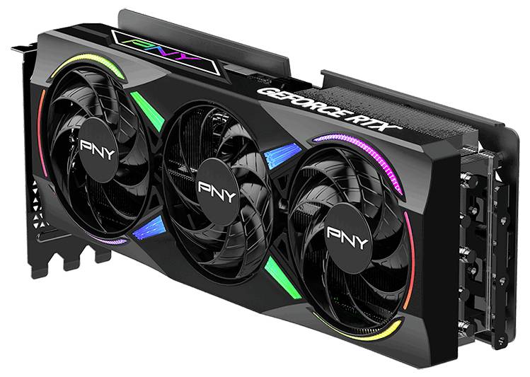 Carte graphique avec trois ventilateurs et éclairage RVB ; l'inscription 'GeForce RTX' est visible.