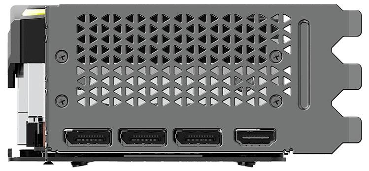 Dos d'une carte graphique avec trois ports DisplayPort et un port HDMI. Le couvercle présente un motif en grille pour la ventilation.