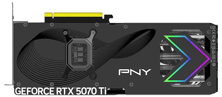 Carte graphique 'GEFORCE RTX 5070 Ti' avec logo PNY, surface noire et accents lumineux colorés sur la droite.