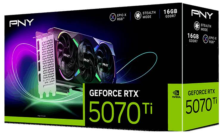 Une carte graphique PNY GeForce RTX 5070 Ti dans son carton. Caractéristiques : RGB Epic-X, mode Stealth, 16 Go de GDDR7. L'emballage présente une image du produit.
