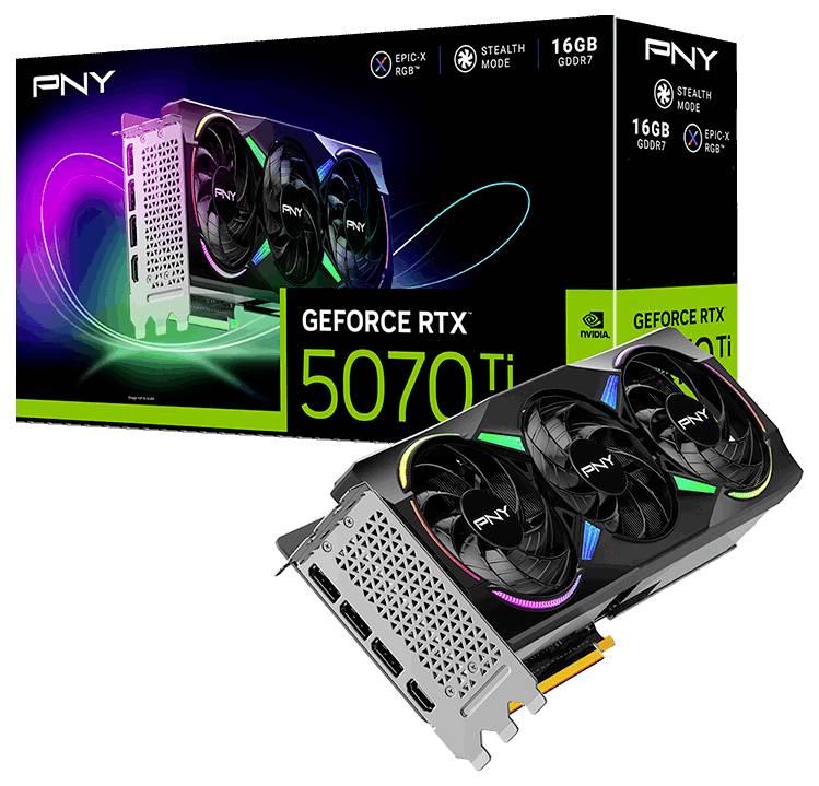 Une carte graphique PNY, modèle GeForce RTX 5070 Ti, avec 16 Go de mémoire GDDR7. Présentée avec son emballage, mettant en valeur ses ventilateurs et son éclairage RVB.