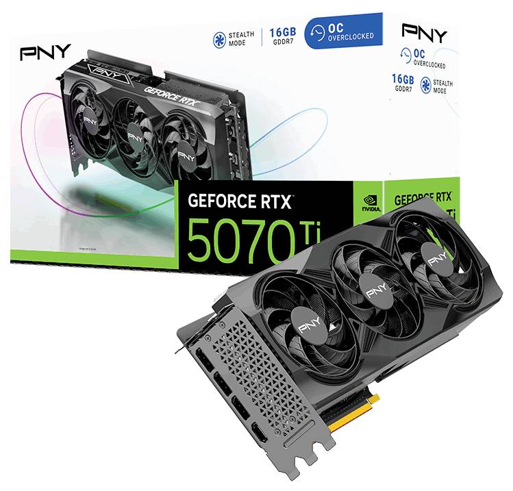 Carte graphique 'PNY GeForce RTX 5070 Ti', 16 Go GDDR7, mode OC, design sans pierre. L'emballage présente les détails du produit et les logos.