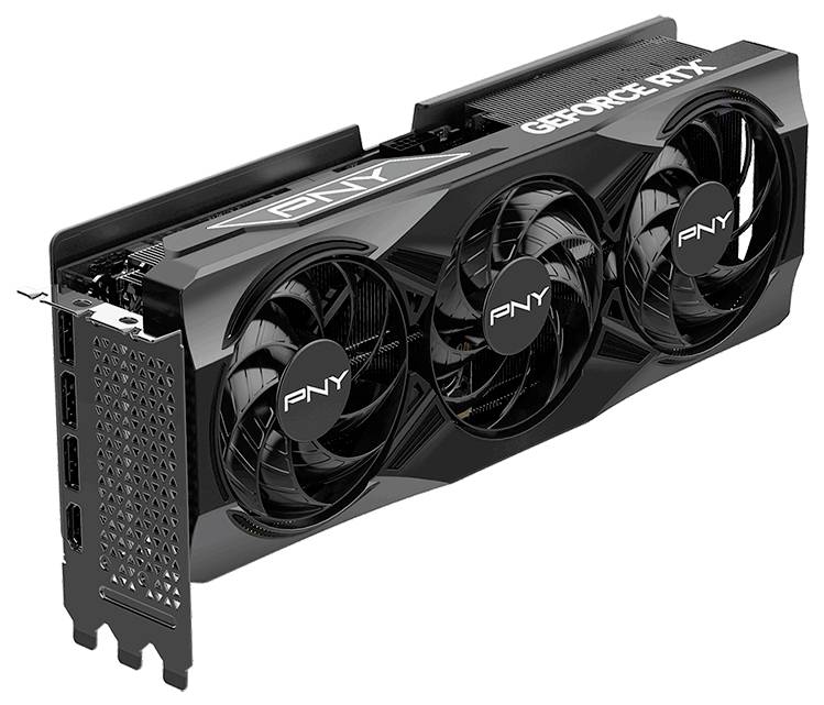 Carte graphique PNY à trois ventilateurs, avec des ports visibles sur le côté et l'étiquette « GeForce RTX » apparente.