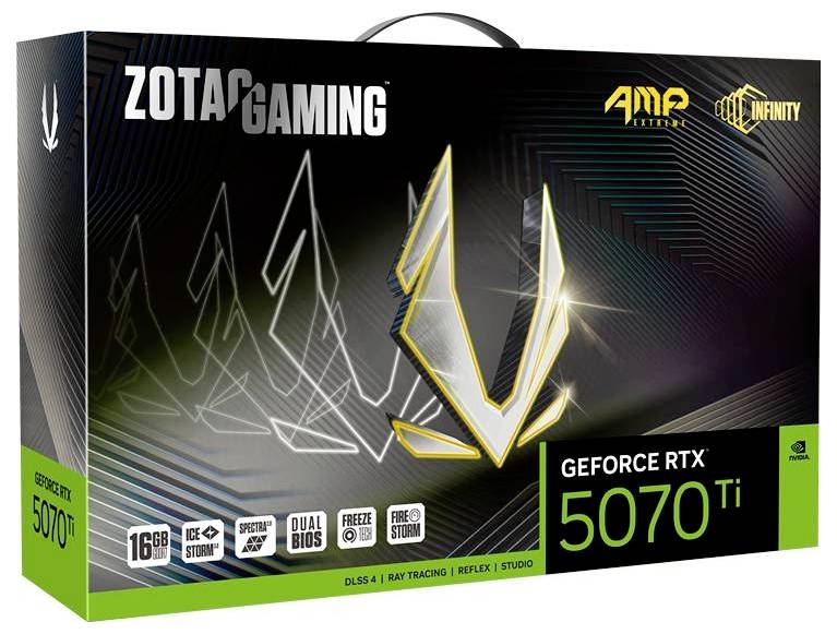 Emballage d'une carte graphique Zotac Gaming GeForce RTX 5070 Ti, 16 Go, mettant en avant des fonctionnalités telles que DLSS 4 et le ray tracing.
