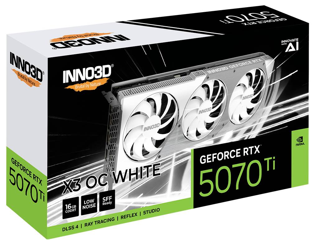 Emballage de la carte graphique 'GeForce RTX 5070 Ti' d'Inno3D, modèle blanc à trois ventilateurs, 16 Go de GDDR6X, DLSS 4 et Ray Tracing.