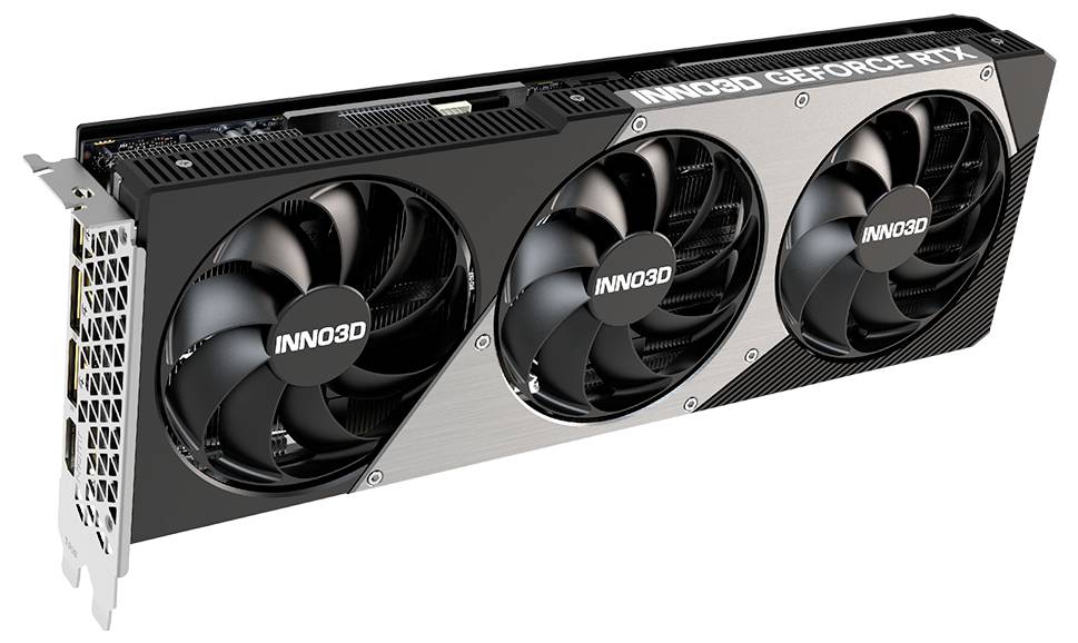 Une carte graphique de la marque INNO3D avec trois ventilateurs, modèle GeForce RTX. Elle est noire et argentée avec des ailettes de refroidissement visibles.