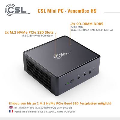 Mini PC CSL - VenomBox HS avec 2 emplacements M.2 NVMe PCIe, 2 emplacements SO-DIMM DDR5, jusqu'à 5600 MHz, RAM max. 96 Go. Compatible avec les disques SSD Gen4.