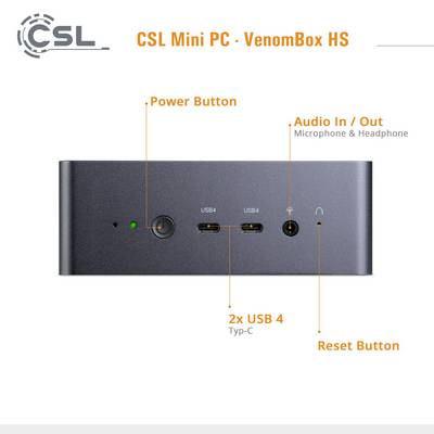 'CSL Mini PC - VenomBox HS' présente la face avant d'un petit ordinateur avec un bouton d'alimentation, deux ports USB 4, des entrées/sorties audio et un bouton de réinitialisation.