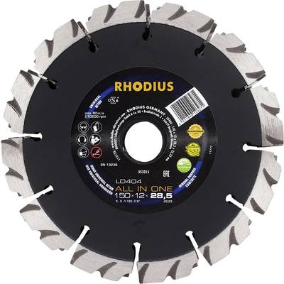 Disque de coupe diamanté Rhodius, modèle LD404, diamètre 150 mm, pour la coupe précise de matériaux tels que le béton et la pierre.