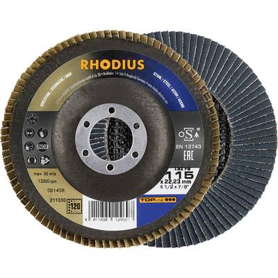 'Disque à tronçonner RHODIUS, Topline 115 mm, vitesse max. 80 m/s, adapté pour l'acier, l'acier inoxydable et l'inox, étiquette produit et détails techniques visibles.'