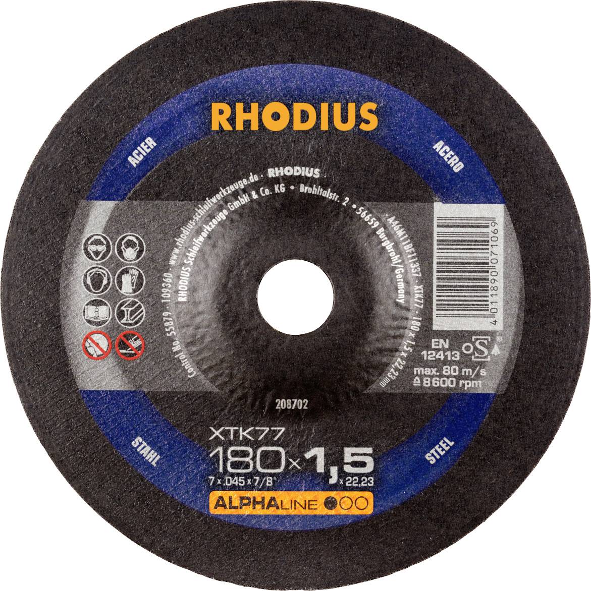 Disque à tronçonner portant l'inscription 'RHODIUS', adapté pour l'acier et l'acier inoxydable, dimensions 180x1,5 mm, avec consignes de sécurité et informations du fabricant.