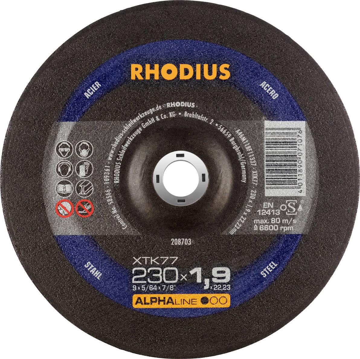 Une meule de la marque Rhodius, modèle XTK77, de 230 mm de diamètre et 1,9 mm d'épaisseur. Adaptée pour l'usinage de l'acier.