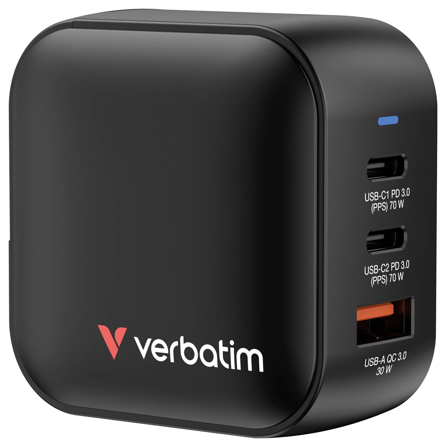 Chargeur noir de Verbatim avec trois ports USB. Deux ports USB-C et un port USB-A sont visibles.