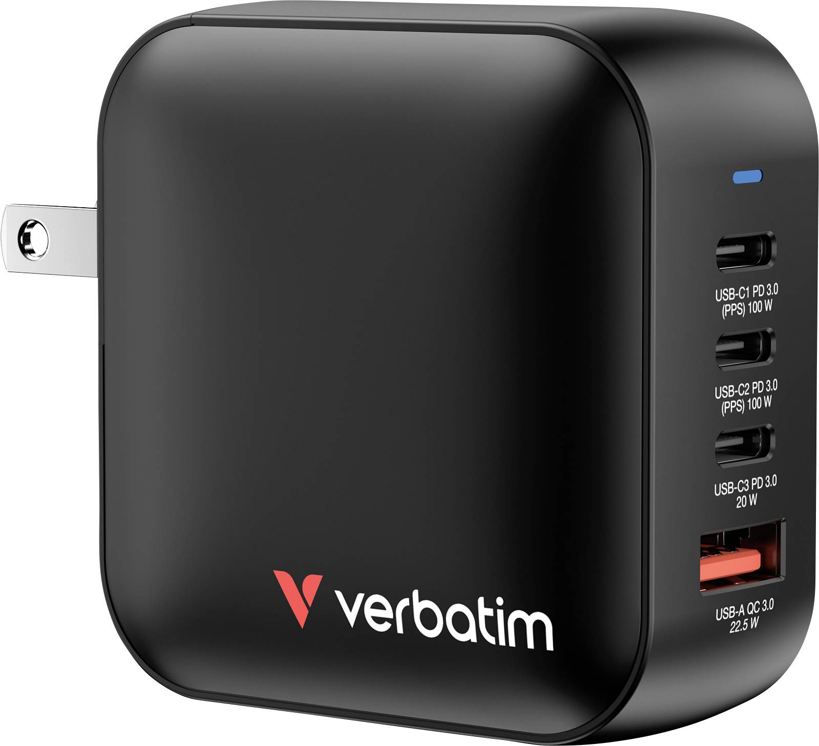 Chargeur Verbatim noir avec quatre ports USB sur le côté droit, adapté pour charger rapidement différents appareils.