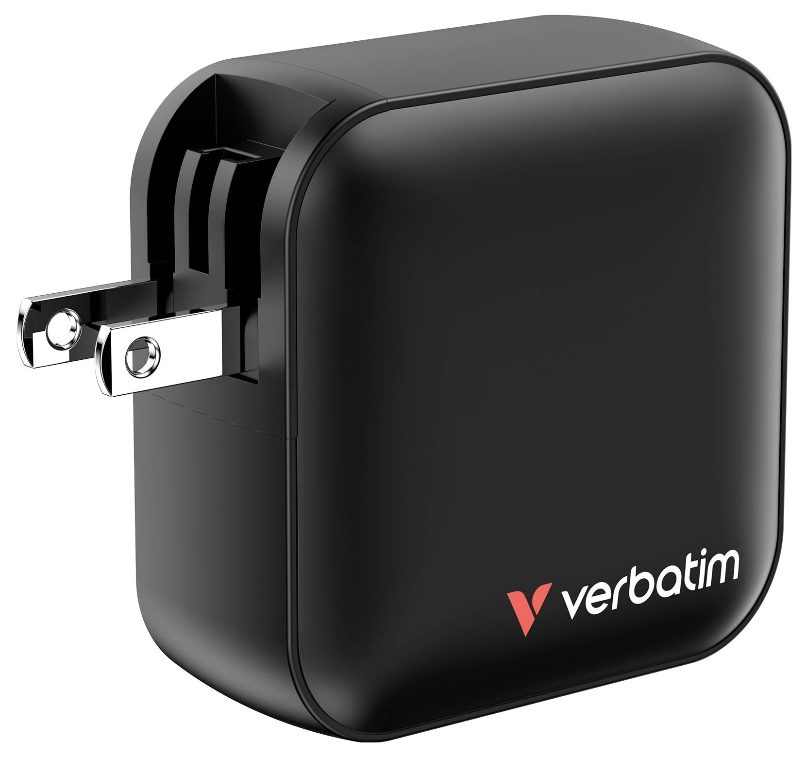 Chargeur noir avec fiche pliante, logo de marque 'Verbatim' visible, forme rectangulaire compacte.