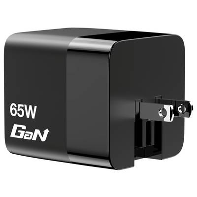 Chargeur GaN noir de 65 W, design compact.