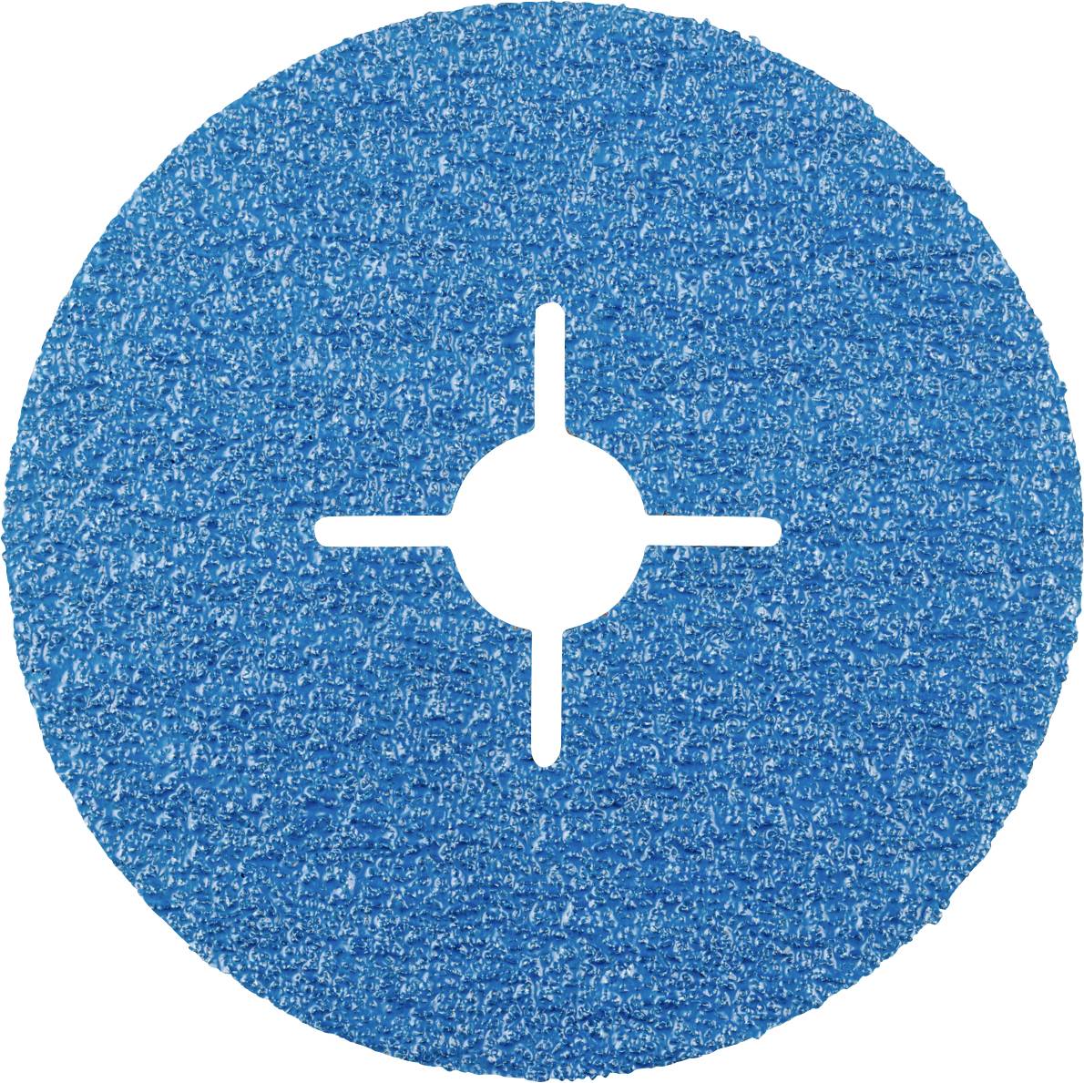 Un disque abrasif rond de couleur bleue, à surface rugueuse et avec une fente cruciforme au centre, utilisé pour l'usinage mécanique.
