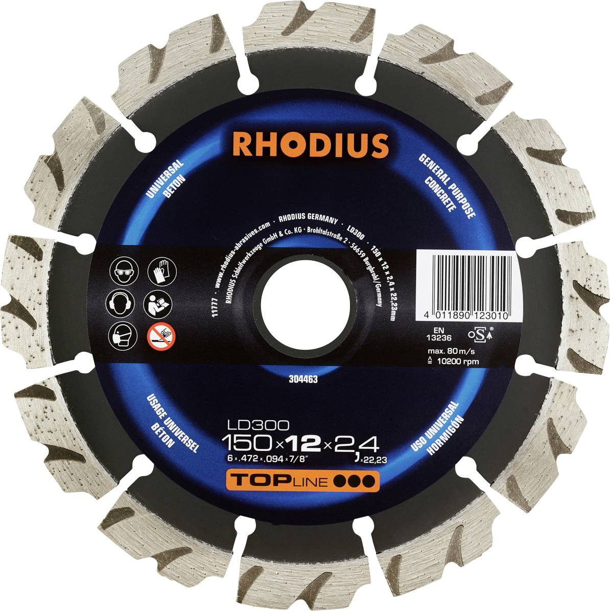 Lame de scie diamantée, circulaire, avec dents en métal, marque 'RHODIUS', pour applications polyvalentes, design noir et bleu avec marquage technique.
