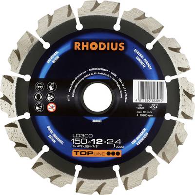 Lame de scie diamantée, circulaire, avec dents en métal, marque 'RHODIUS', pour applications polyvalentes, design noir et bleu avec marquage technique.