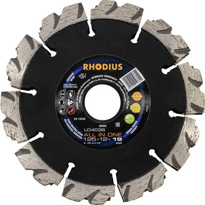 Un disque de coupe Rhodius avec un centre noir et des dents grises. Des informations sur le produit et des symboles sont visibles au centre.