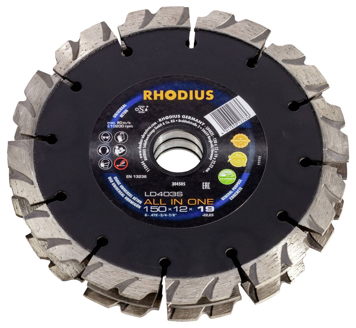 Disque de coupe rond avec segments métalliques pour travaux de découpe et de meulage. Marquages et spécifications au centre de l'étiquette.