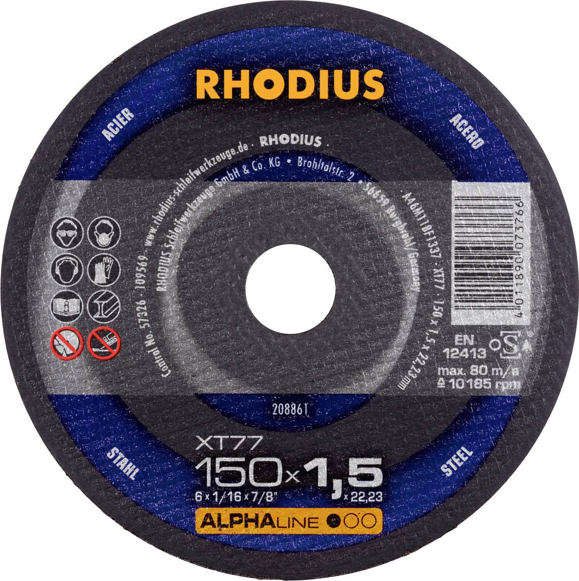 'Disque abrasif de la marque Rhodius, modèle XT77, diamètre 150 mm, spécialement développé pour l'acier et l'acier inoxydable.'