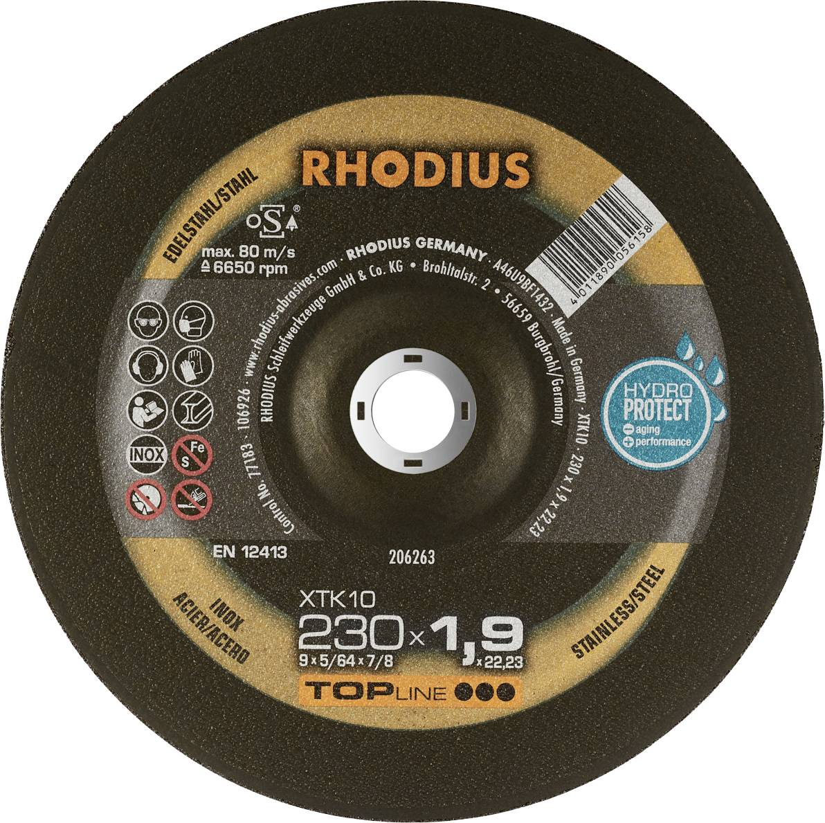 Disque à tronçonner Rhodius, adapté pour l'acier et l'acier inoxydable, vitesse maximale 80 m/s, 230 mm x 1,9 mm, revêtement HydroProtect.